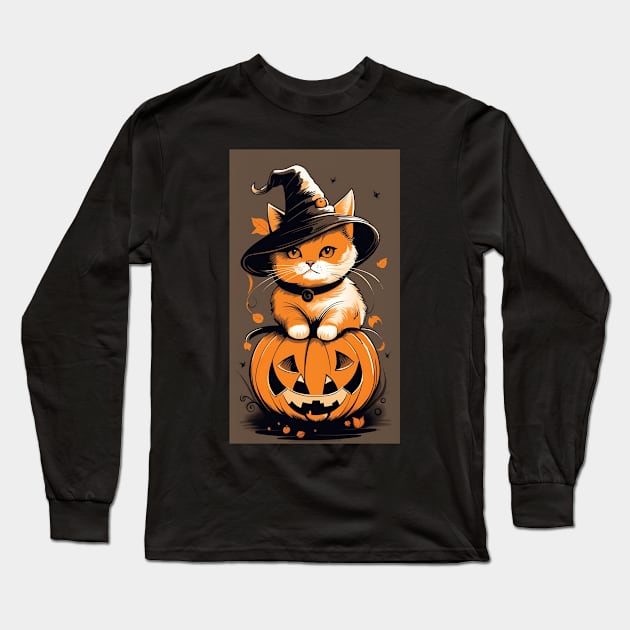 Cute Cat Wearing A Wizard Hat On A Pumpkin Long Sleeve T-Shirt by SanTees